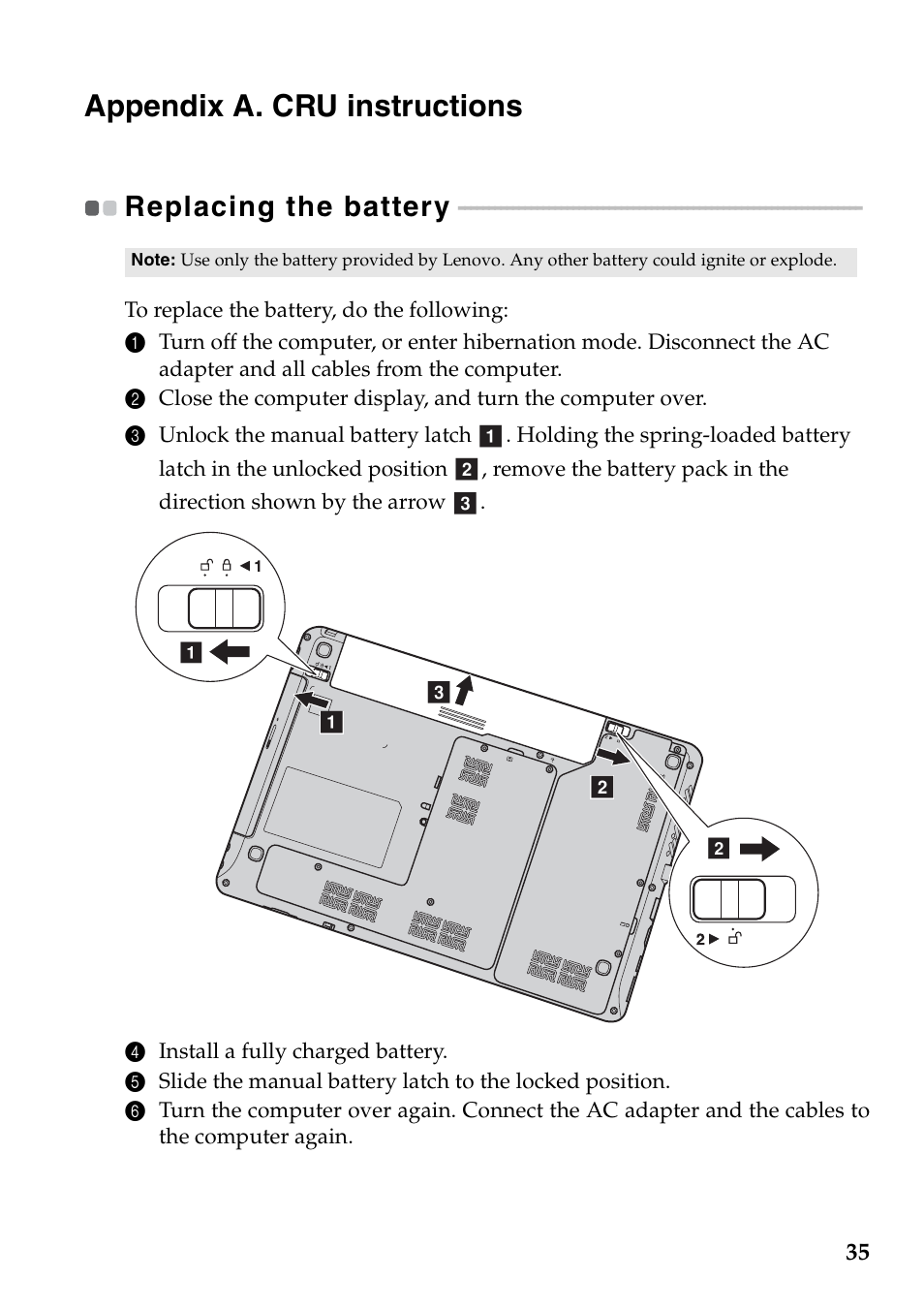 Appendix a. cru instructions, Replacing the battery | Lenovo IdeaPad Z360 User Manual | Page 39 / 68