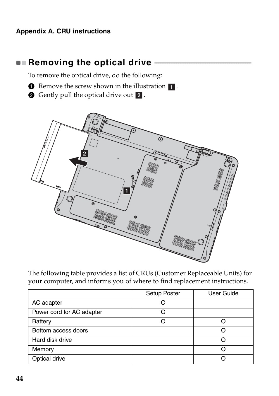 Removing the optical drive | Lenovo IdeaPad Z360 User Manual | Page 48 / 68