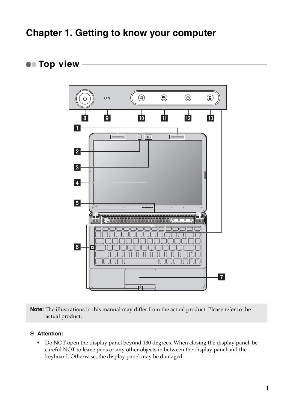 Chapter 1. getting to know your computer, Top view | Lenovo IdeaPad Z360 User Manual | Page 5 / 68