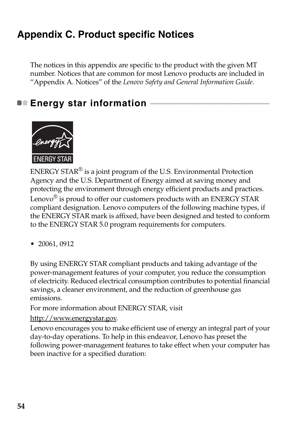 Appendix c. product specific notices, Energy star information | Lenovo IdeaPad Z360 User Manual | Page 58 / 68