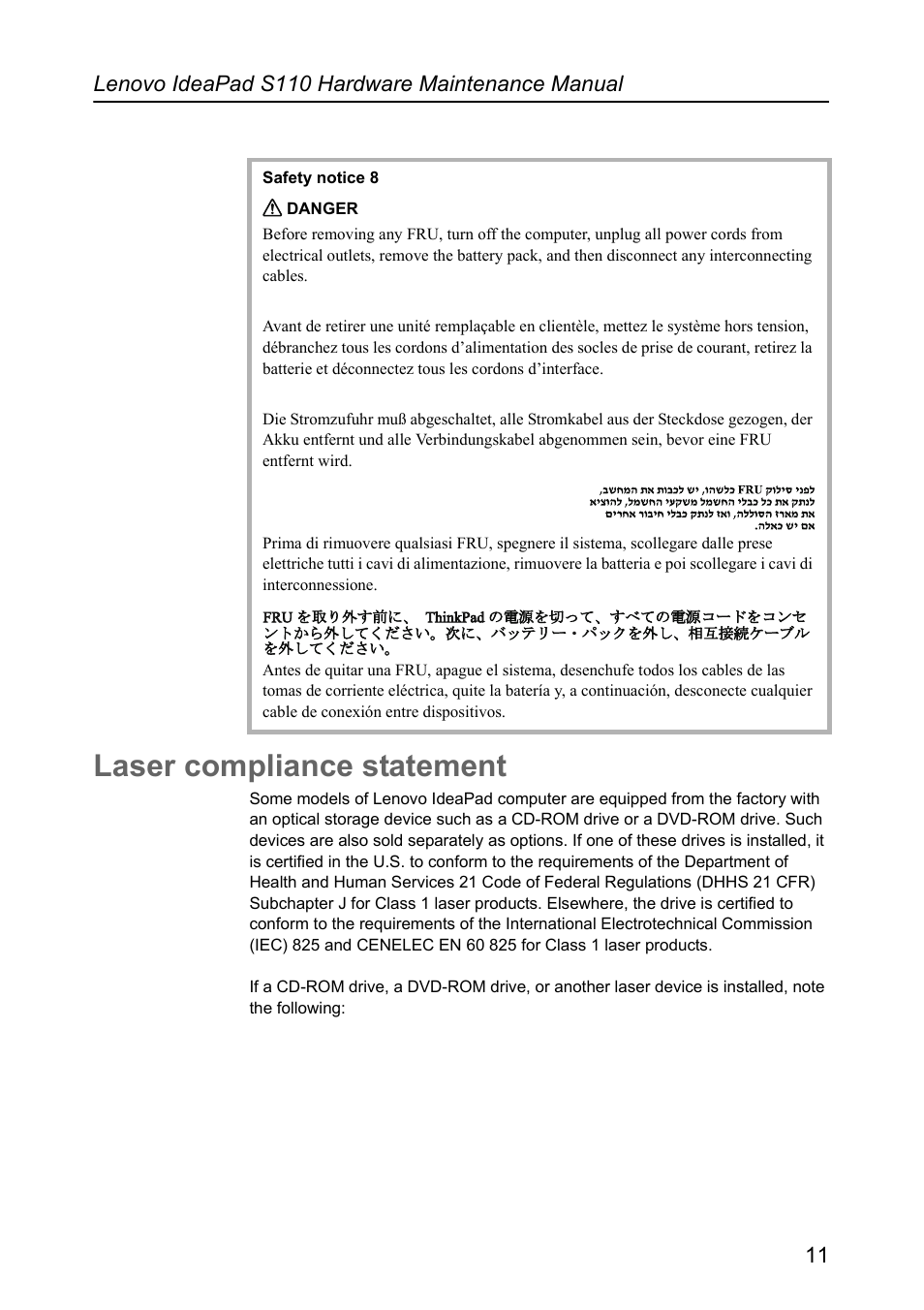 Laser compliance statement | Lenovo IdeaPad S110 User Manual | Page 15 / 86