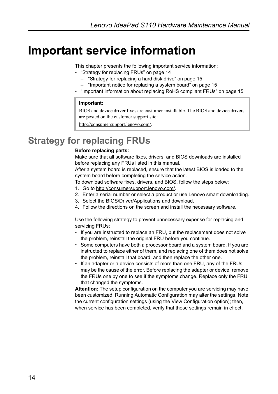 Important service information, Strategy for replacing frus | Lenovo IdeaPad S110 User Manual | Page 18 / 86