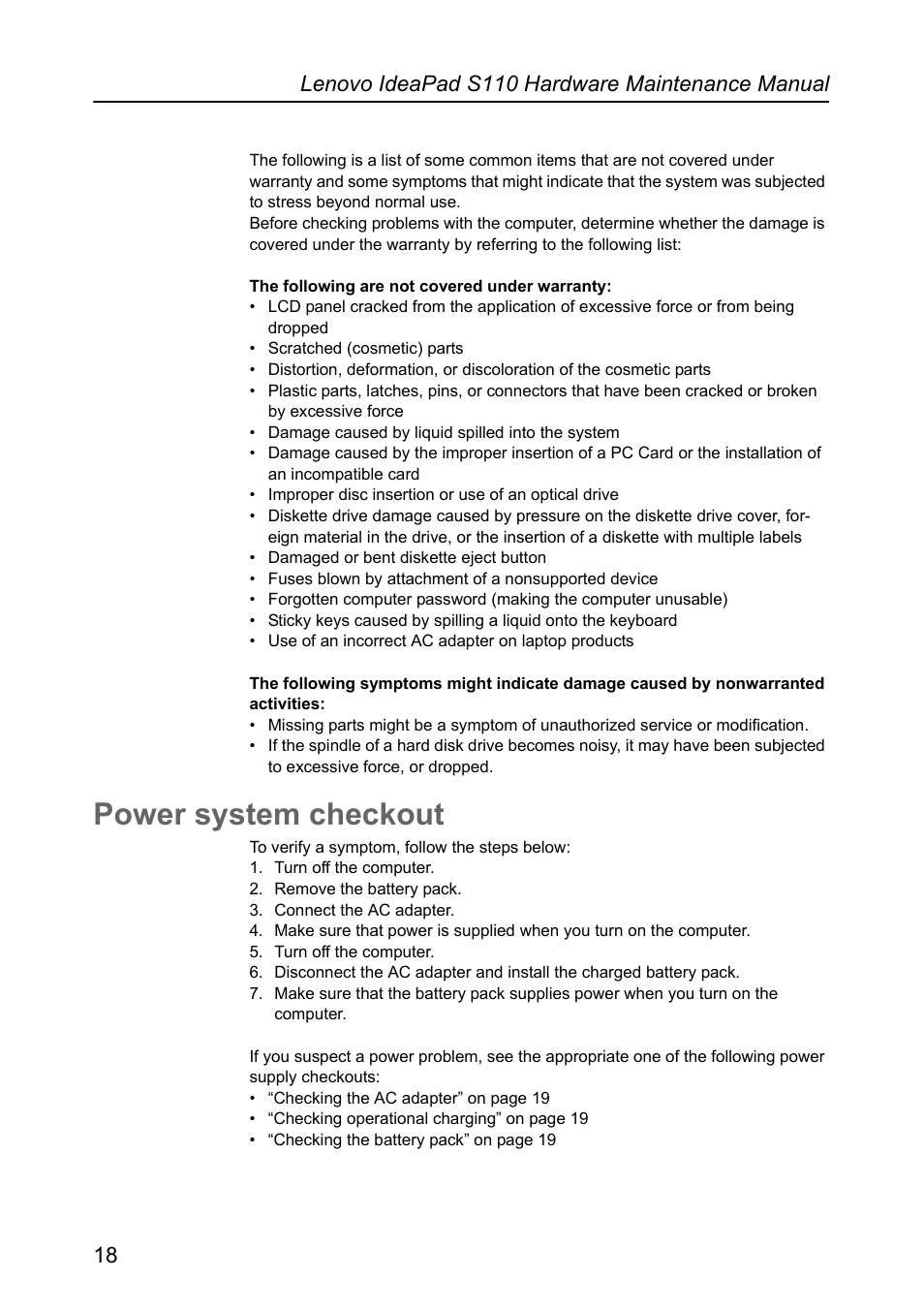 Power system checkout | Lenovo IdeaPad S110 User Manual | Page 22 / 86