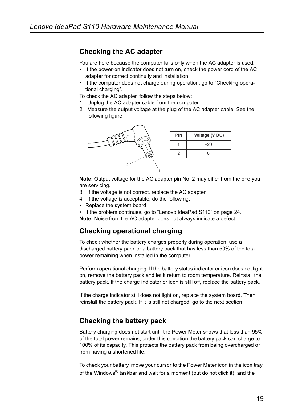 Checking the ac adapter, Checking operational charging, Checking the battery pack | Lenovo IdeaPad S110 User Manual | Page 23 / 86