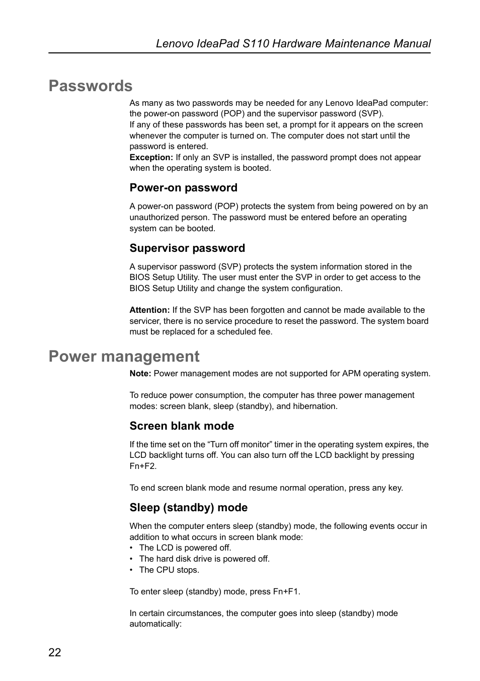 Passwords, Power-on password, Supervisor password | Power management, Screen blank mode, Sleep (standby) mode, Power-on password supervisor password, Screen blank mode sleep (standby) mode | Lenovo IdeaPad S110 User Manual | Page 26 / 86