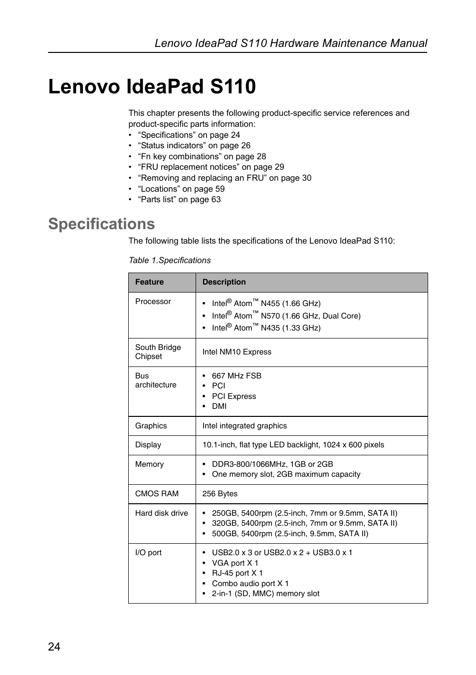 Lenovo ideapad s110, Specifications, Lenovo ideapad s110 specifications | Lenovo IdeaPad S110 User Manual | Page 28 / 86