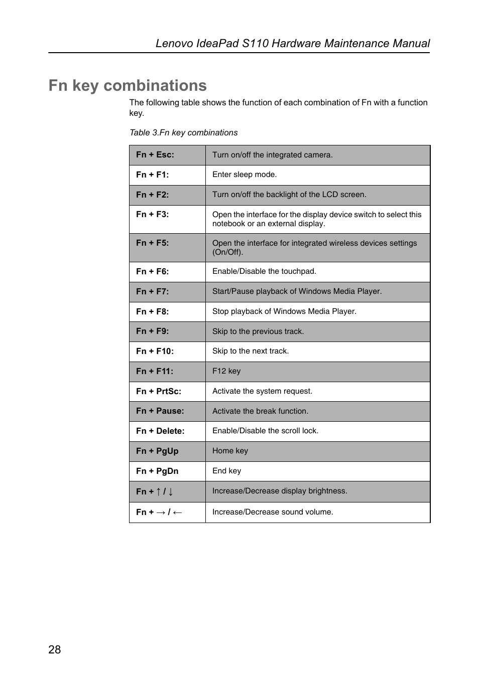 Fn key combinations | Lenovo IdeaPad S110 User Manual | Page 32 / 86