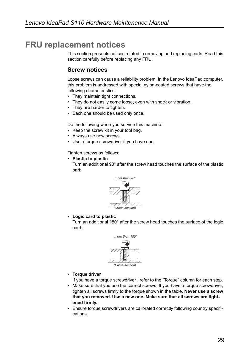 Fru replacement notices, Screw notices | Lenovo IdeaPad S110 User Manual | Page 33 / 86