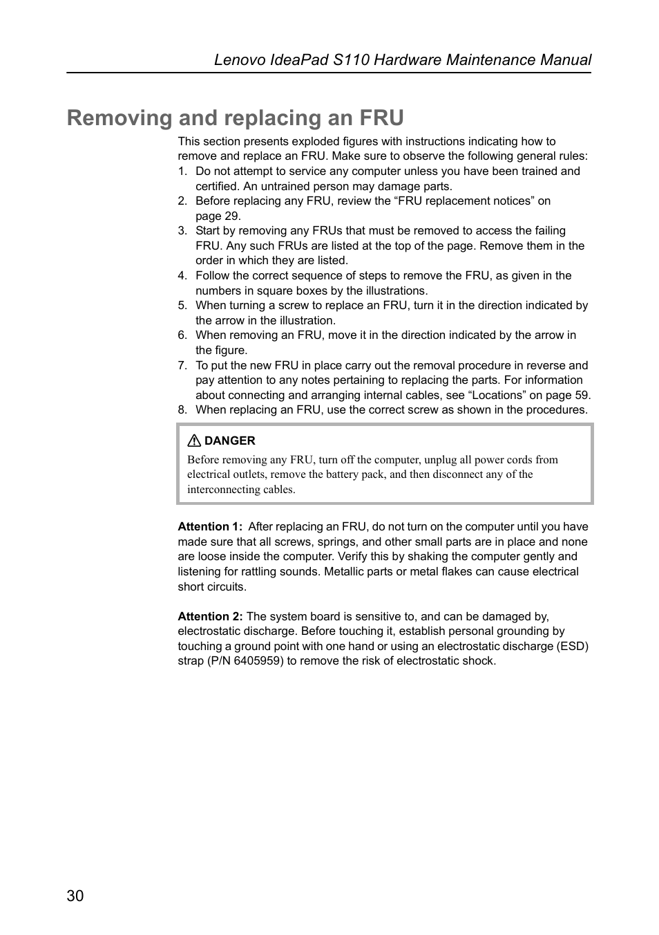 Removing and replacing an fru | Lenovo IdeaPad S110 User Manual | Page 34 / 86