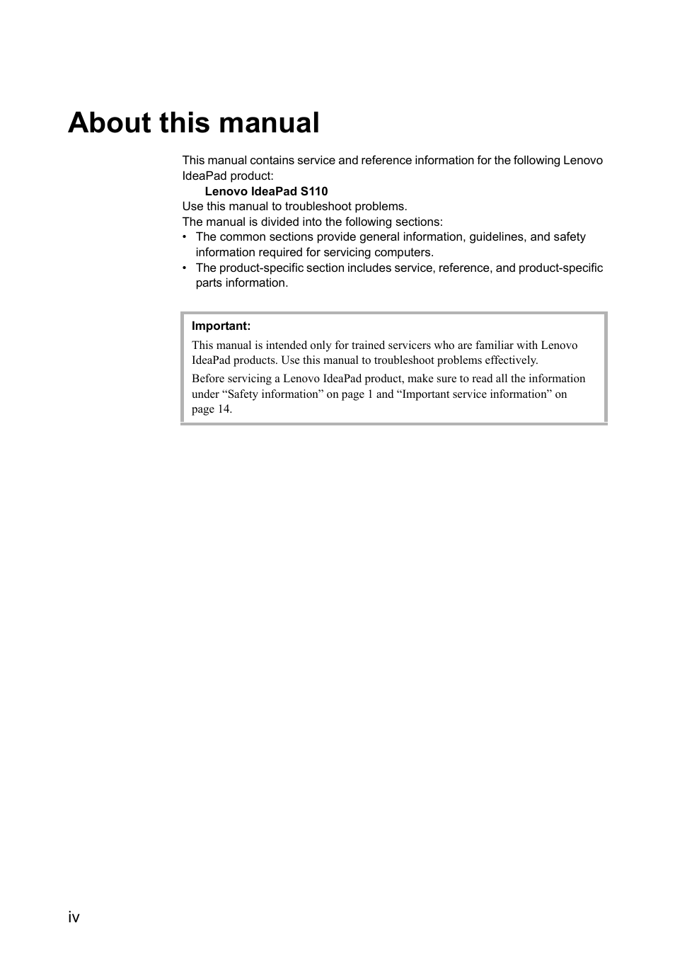 About this manual | Lenovo IdeaPad S110 User Manual | Page 4 / 86