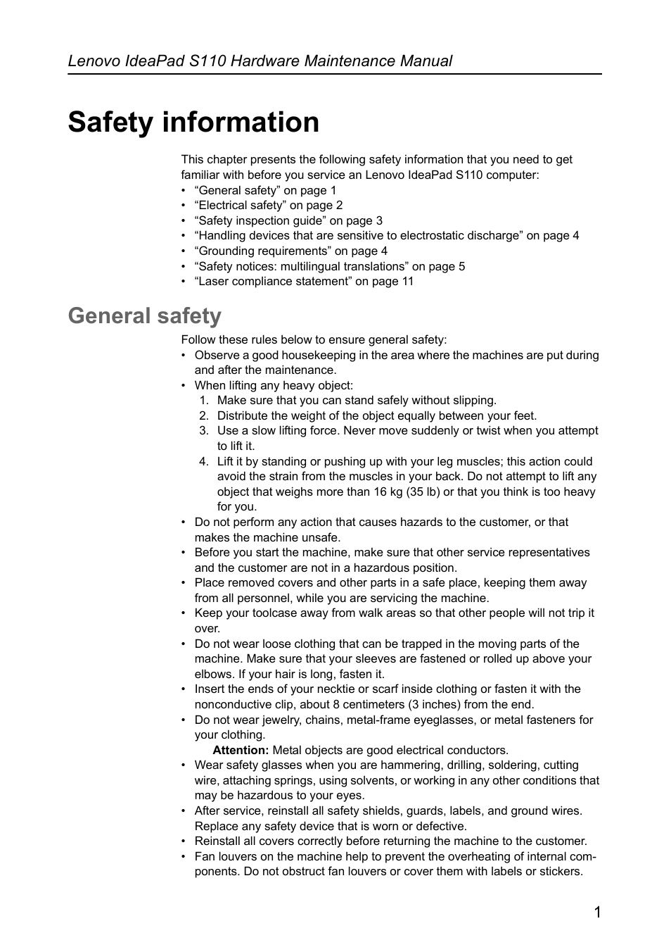 Safety information, General safety, Safety information general safety | Lenovo ideapad s110 hardware maintenance manual 1 | Lenovo IdeaPad S110 User Manual | Page 5 / 86