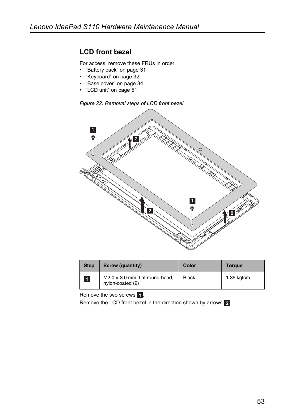 Lcd front bezel | Lenovo IdeaPad S110 User Manual | Page 57 / 86