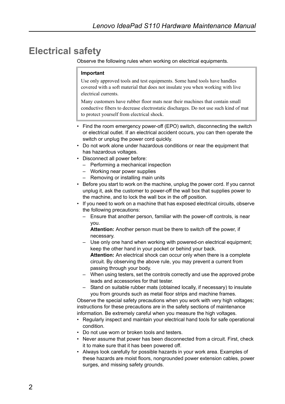 Electrical safety, Lenovo ideapad s110 hardware maintenance manual 2 | Lenovo IdeaPad S110 User Manual | Page 6 / 86