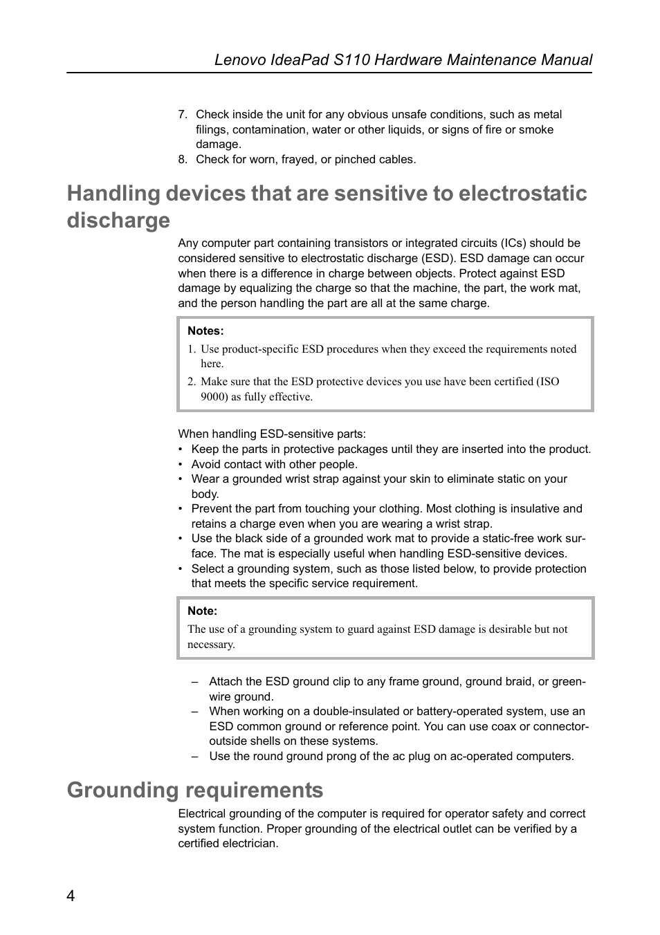 Grounding requirements, Lenovo ideapad s110 hardware maintenance manual 4 | Lenovo IdeaPad S110 User Manual | Page 8 / 86