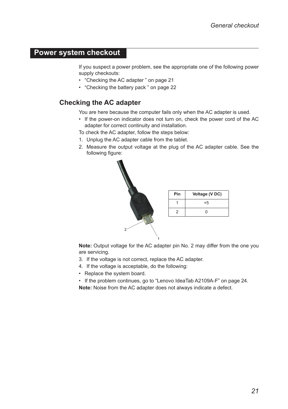Power system checkout, Checking the ac adapter | Lenovo A2109 Tablet User Manual | Page 25 / 57