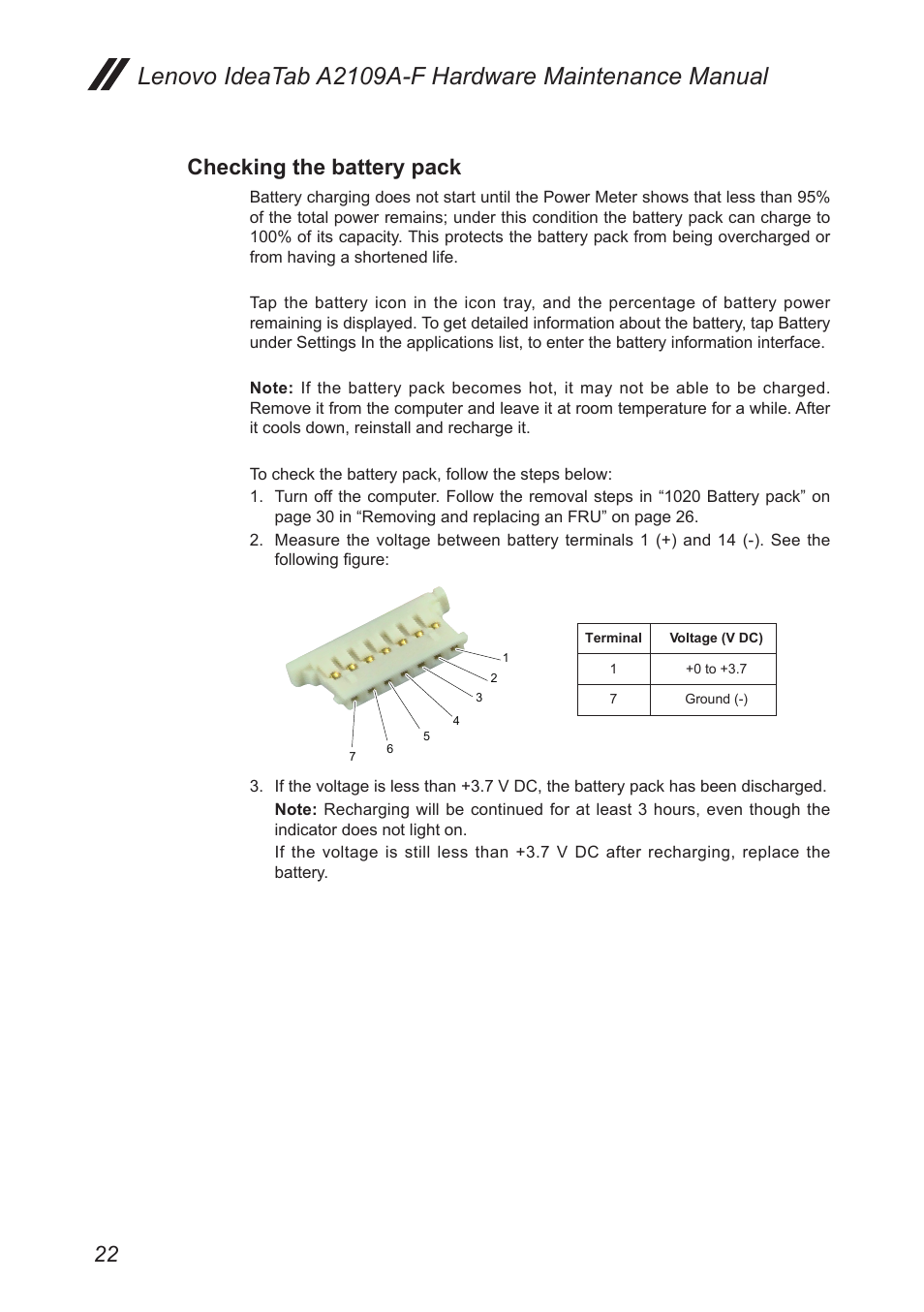 Checking the battery pack | Lenovo A2109 Tablet User Manual | Page 26 / 57