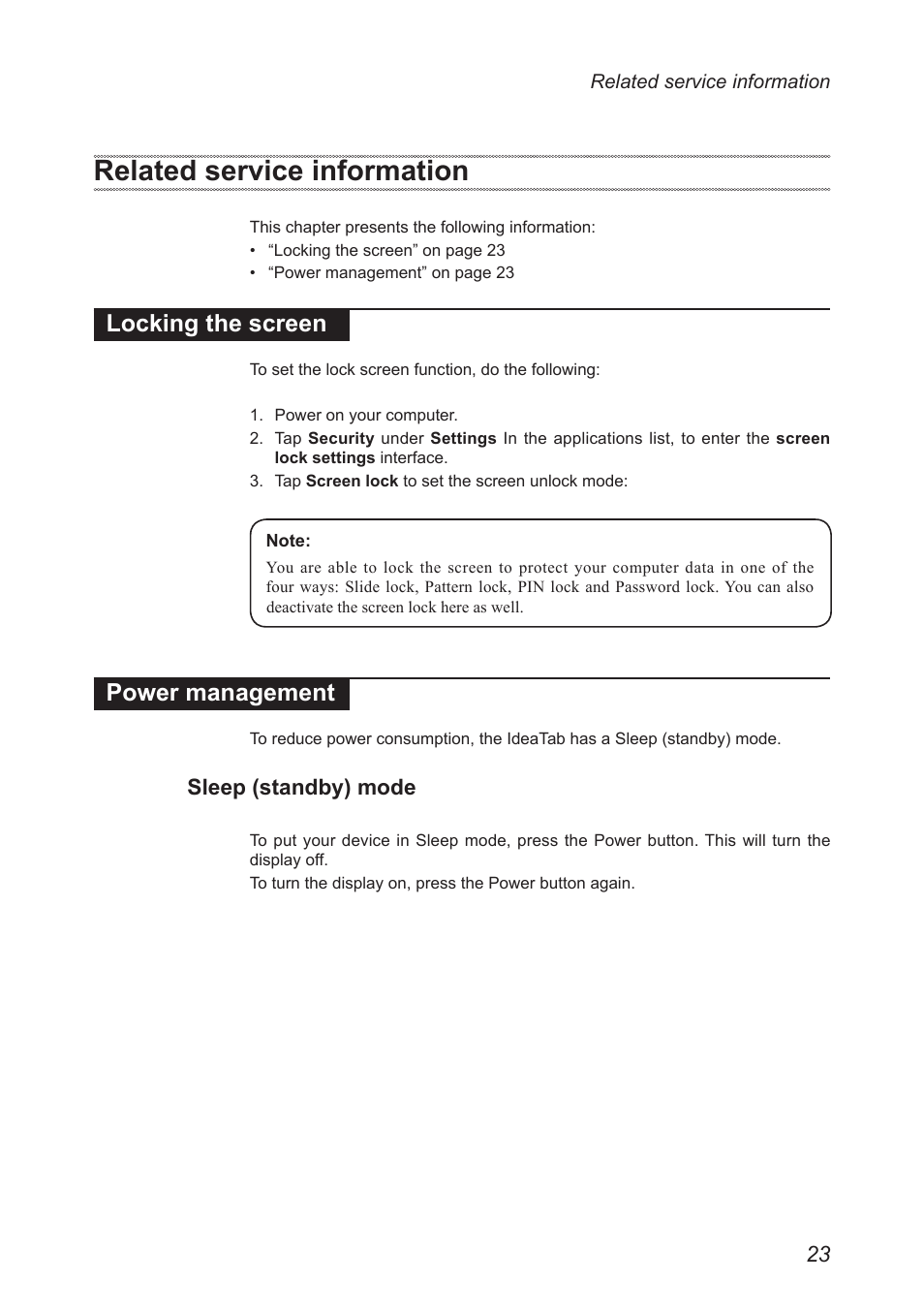 Related service information, Locking the screen, Power management | Sleep (standby) mode | Lenovo A2109 Tablet User Manual | Page 27 / 57