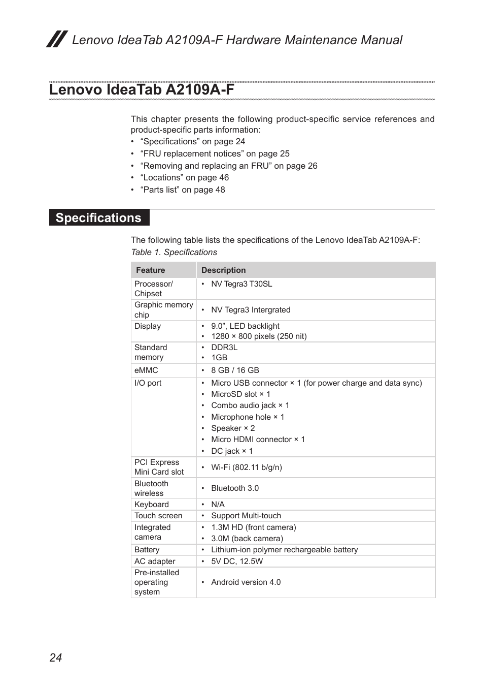 Lenovo ideatab a2109a-f, Specifications | Lenovo A2109 Tablet User Manual | Page 28 / 57