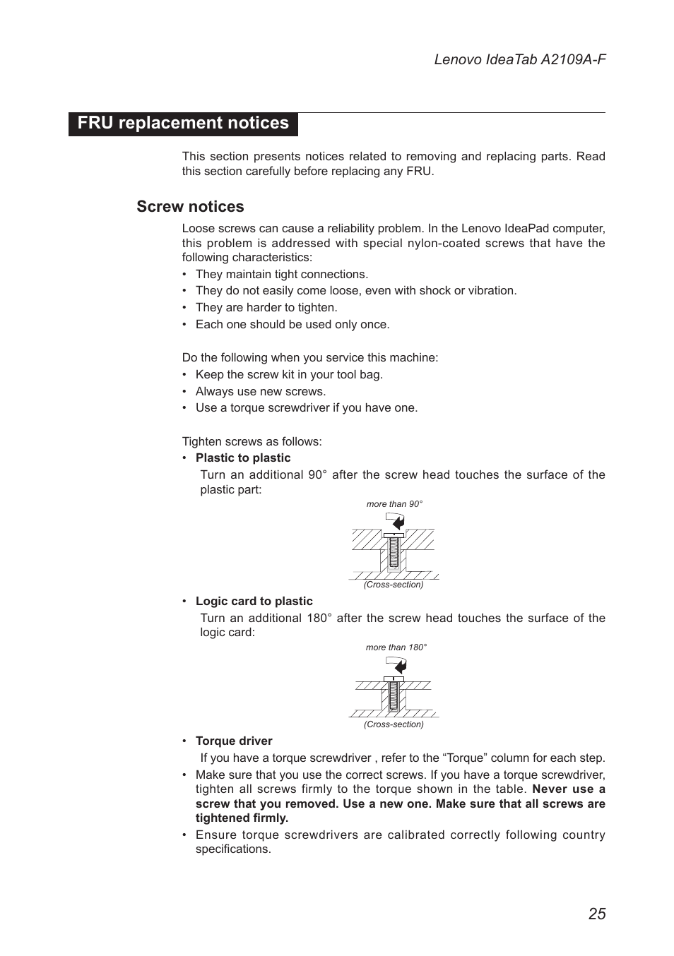 Fru replacement notices, Screw notices | Lenovo A2109 Tablet User Manual | Page 29 / 57