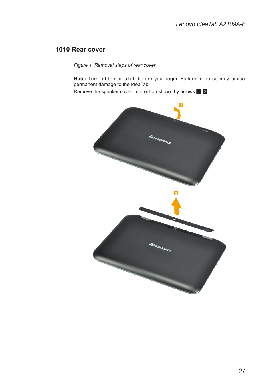 1010 rear cover | Lenovo A2109 Tablet User Manual | Page 31 / 57