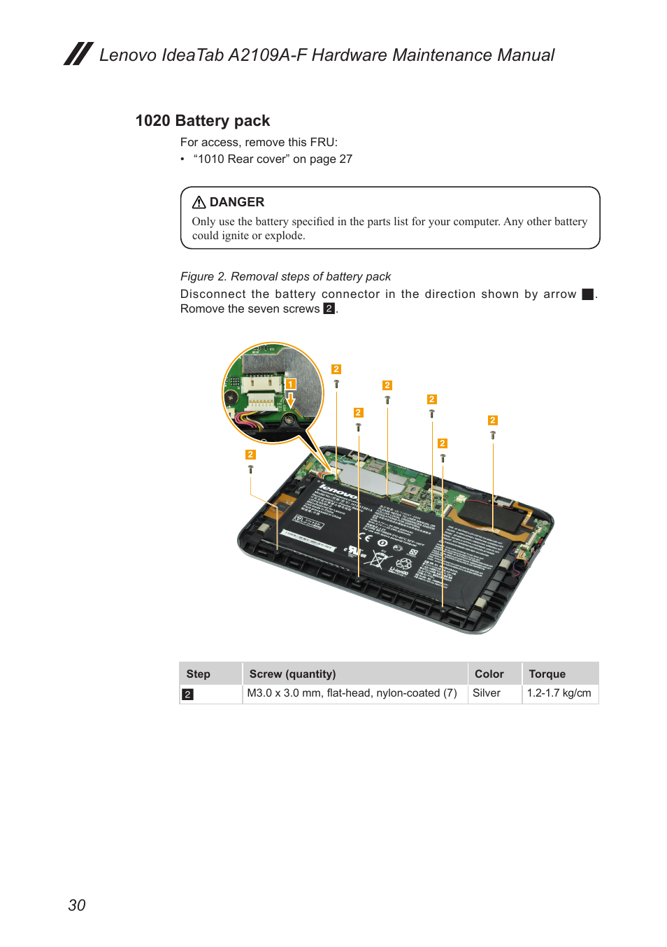 1020 battery pack | Lenovo A2109 Tablet User Manual | Page 34 / 57