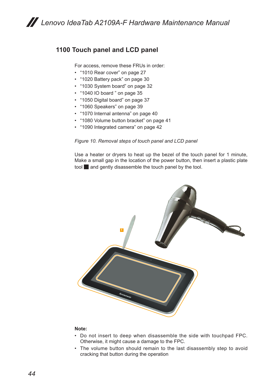 1100 touch panel and lcd panel | Lenovo A2109 Tablet User Manual | Page 48 / 57