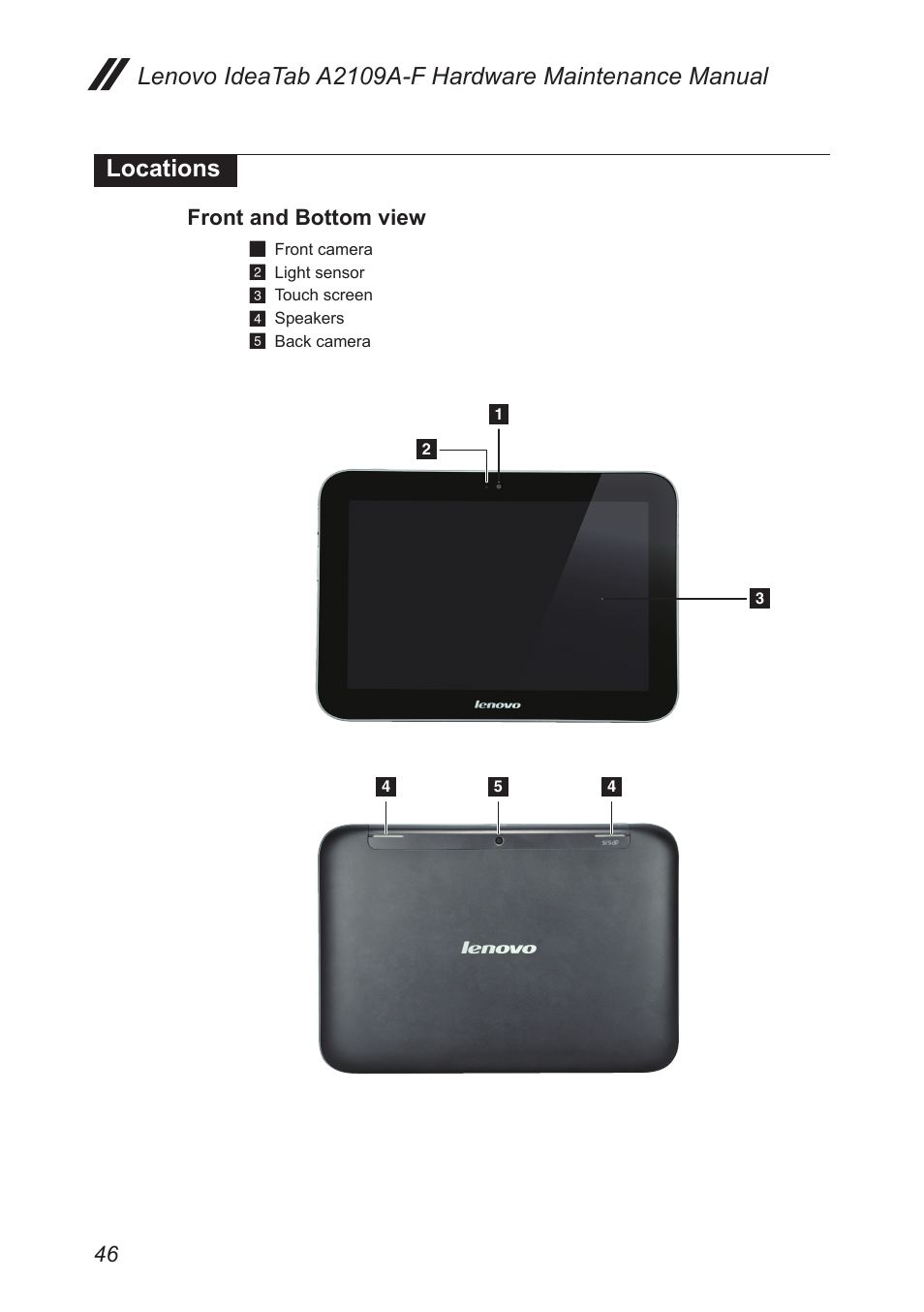 Locations, Front and bottom view | Lenovo A2109 Tablet User Manual | Page 50 / 57