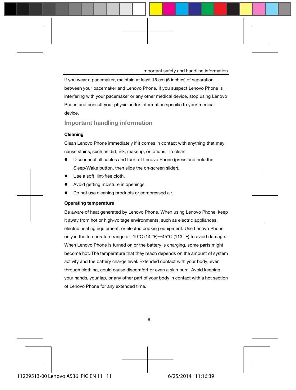 Important handling information | Lenovo A536 Smartphone User Manual | Page 10 / 20