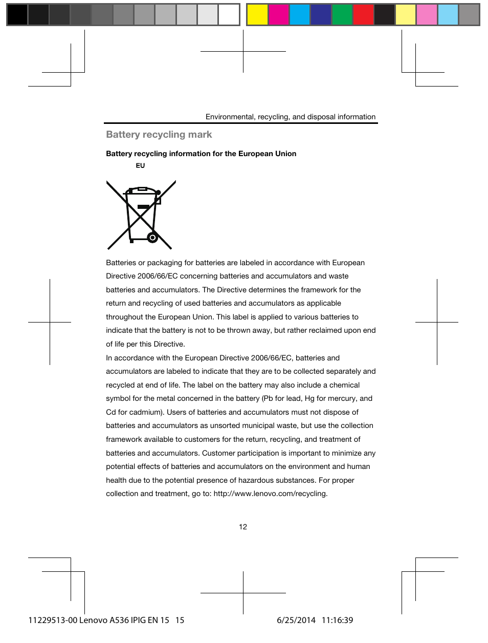 Battery recycling mark | Lenovo A536 Smartphone User Manual | Page 14 / 20