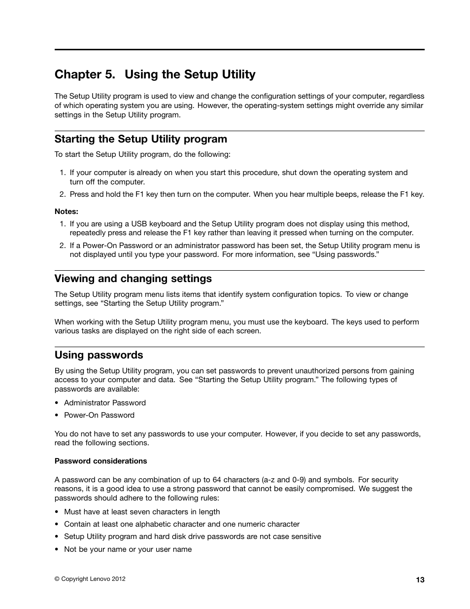 Chapter 5. using the setup utility, Starting the setup utility program, Viewing and changing settings | Using passwords | Lenovo IdeaCentre Q190 Desktop User Manual | Page 19 / 49