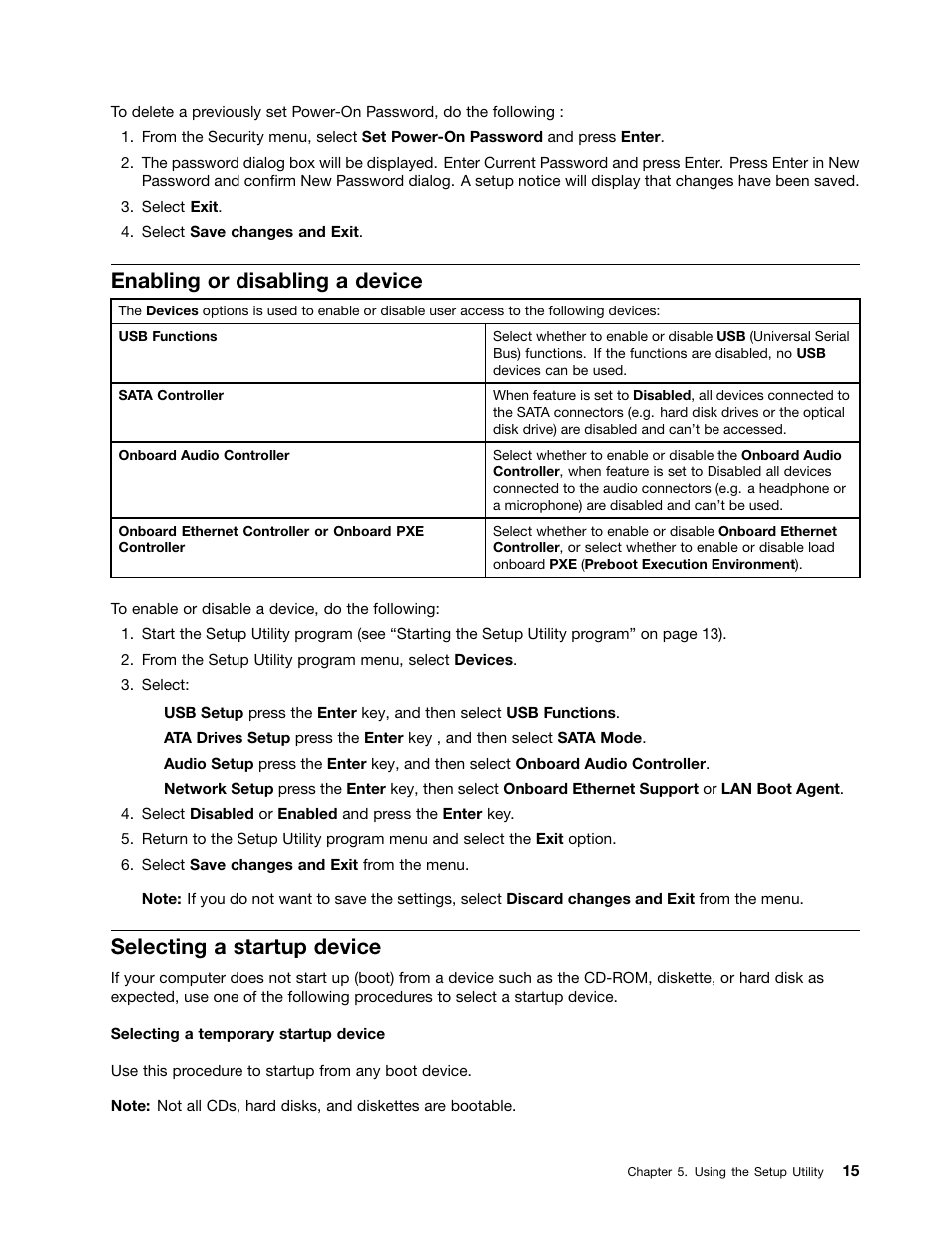 Enabling or disabling a device, Selecting a startup device | Lenovo IdeaCentre Q190 Desktop User Manual | Page 21 / 49