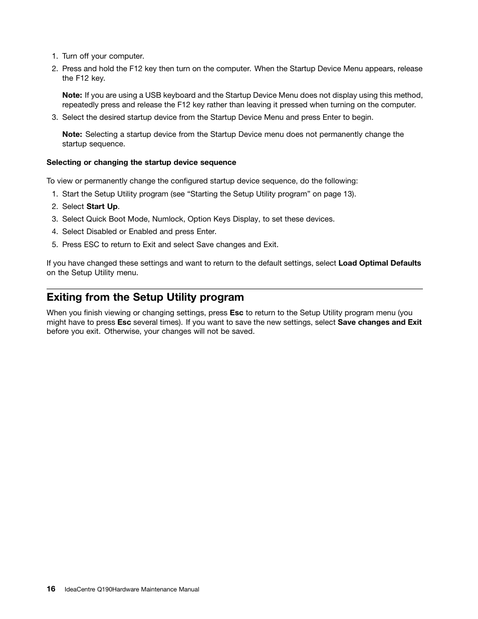 Exiting from the setup utility program | Lenovo IdeaCentre Q190 Desktop User Manual | Page 22 / 49