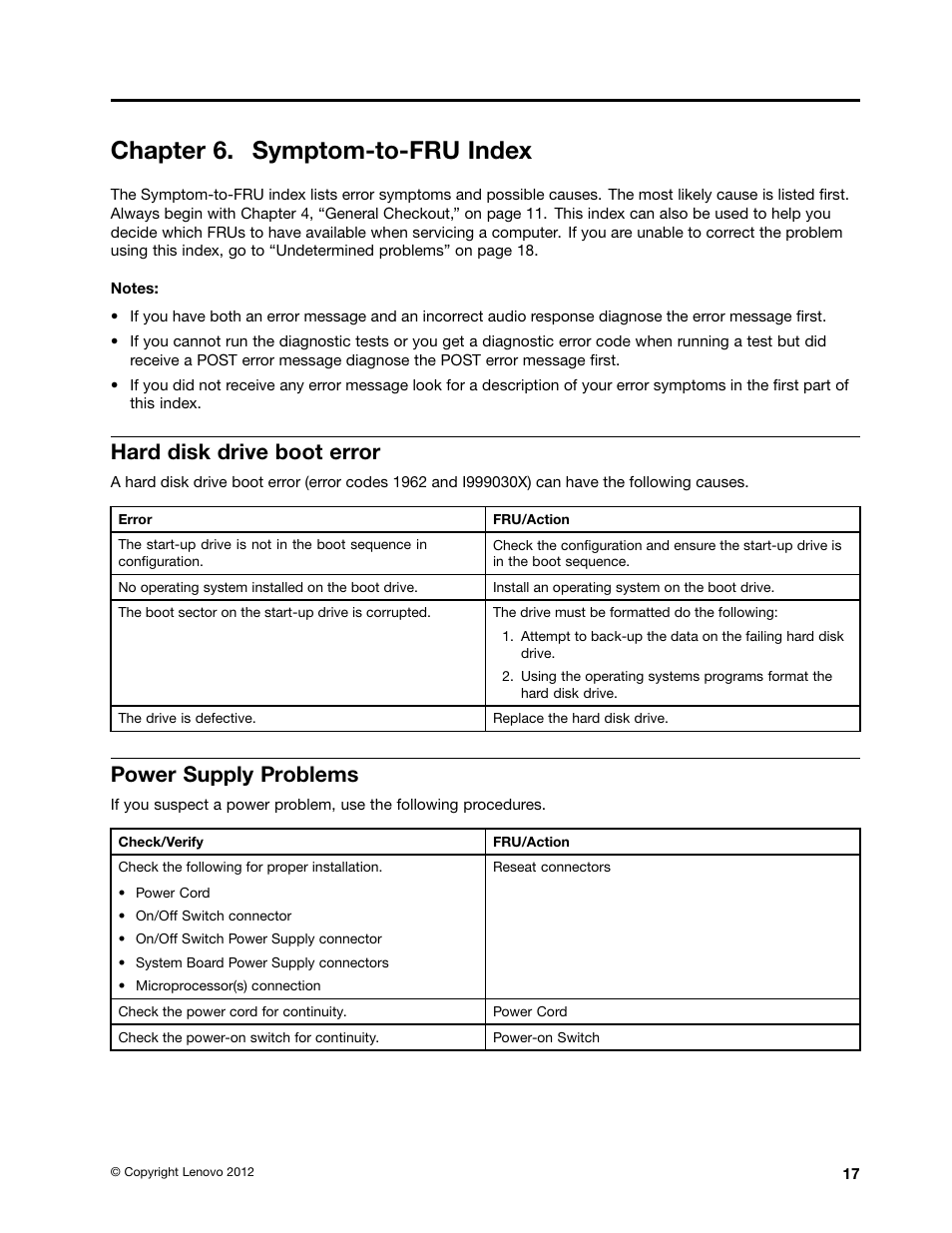 Chapter 6. symptom-to-fru index, Hard disk drive boot error, Power supply problems | Lenovo IdeaCentre Q190 Desktop User Manual | Page 23 / 49