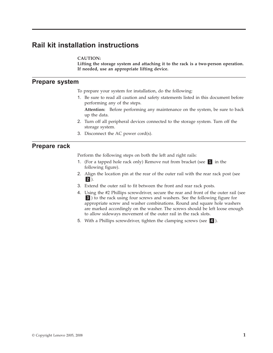 Rail kit installation instructions, Prepare system, Prepare rack | Rail, Installation, Instructions, Prepare, System, Rack | Lenovo Secure Managed Client User Manual | Page 9 / 12