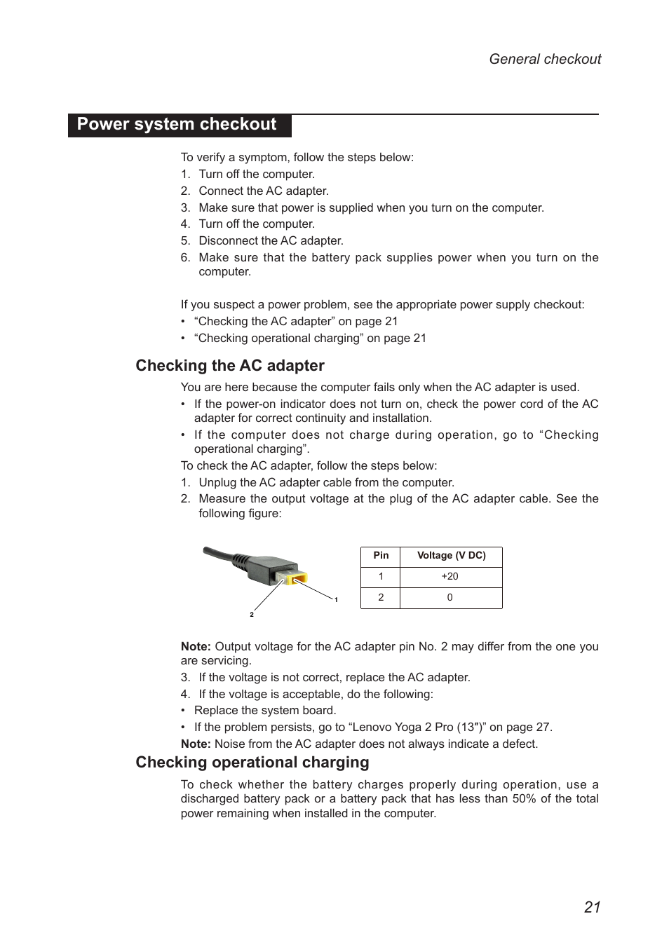 Power system checkout, Checking the ac adapter, Checking operational charging | Lenovo Yoga 2 Pro Lenovo User Manual | Page 25 / 76