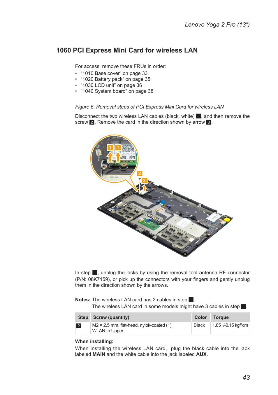 1060 pci express mini card for wireless lan, 1060 pci express mini card for, Wireless lan | Lenovo Yoga 2 Pro Lenovo User Manual | Page 47 / 76