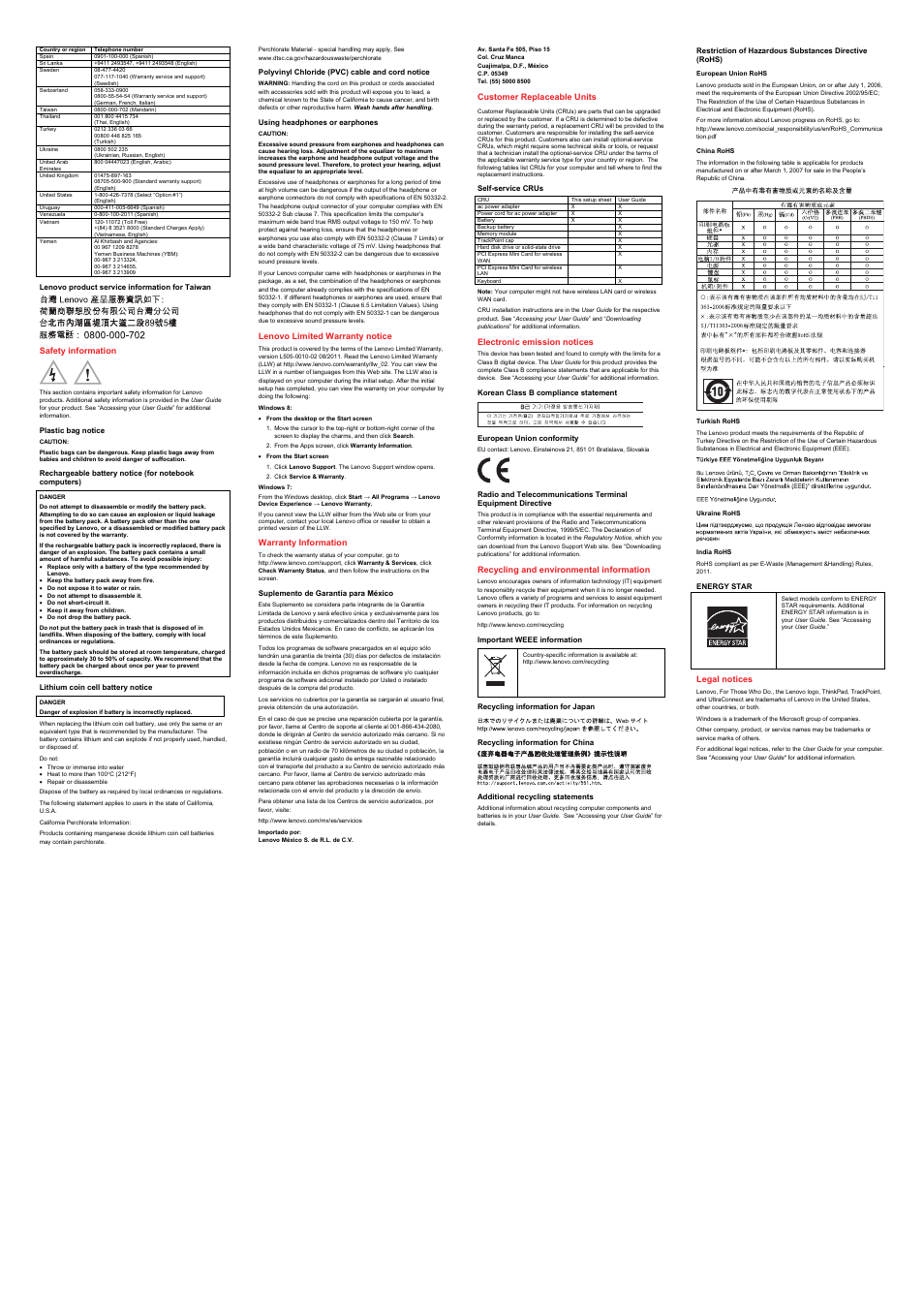 Lenovo product service information for taiwan, Safety information, Plastic bag notice | Lithium coin cell battery notice, Polyvinyl chloride (pvc) cable and cord notice, Using headphones or earphones, Lenovo limited warranty notice, Warranty information, Suplemento de garantía para méxico, Customer replaceable units | Lenovo ThinkPad Edge L330 User Manual | Page 2 / 2