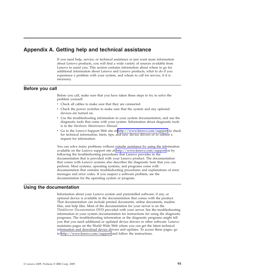 Appendix a. getting help and technical assistance, Before you call, Using the documentation | Lenovo ThinkServer TD200 User Manual | Page 101 / 120
