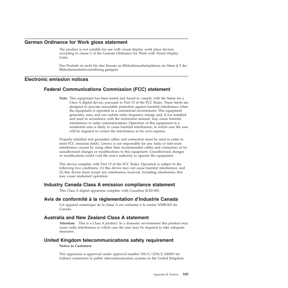 German ordinance for work gloss statement, Electronic emission notices, Federal communications commission (fcc) statement | Australia and new zealand class a statement | Lenovo ThinkServer TD200 User Manual | Page 111 / 120