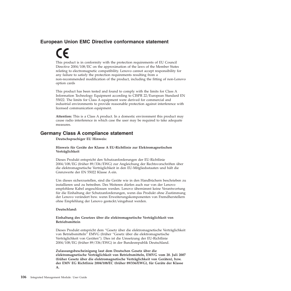 European union emc directive conformance statement, Germany class a compliance statement | Lenovo ThinkServer TD200 User Manual | Page 112 / 120