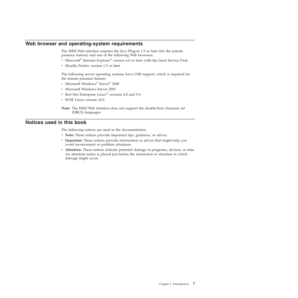 Web browser and operating-system requirements, Notices used in this book | Lenovo ThinkServer TD200 User Manual | Page 13 / 120