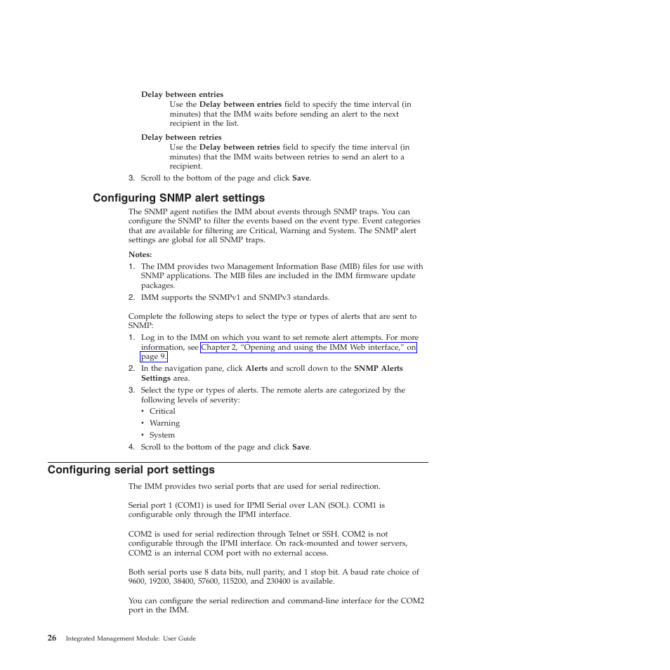 Configuring snmp alert settings, Configuring serial port settings | Lenovo ThinkServer TD200 User Manual | Page 32 / 120