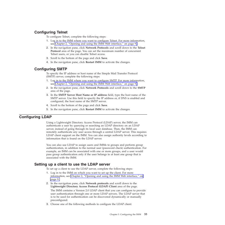 Configuring telnet, Configuring smtp, Configuring ldap | Setting up a client to use the ldap server | Lenovo ThinkServer TD200 User Manual | Page 39 / 120