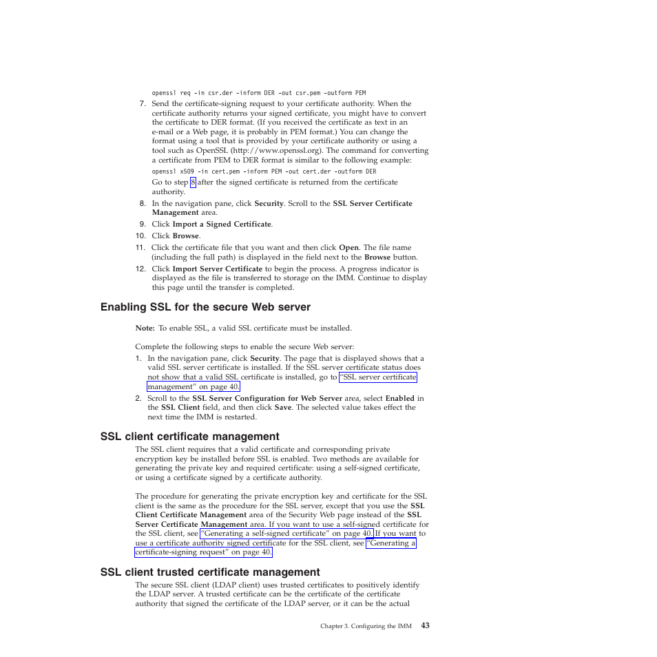 Enabling ssl for the secure web server, Ssl client certificate management, Ssl client trusted certificate management | Enabling ssl for the secure web, Ssl client certificate, Ssl client trusted | Lenovo ThinkServer TD200 User Manual | Page 49 / 120