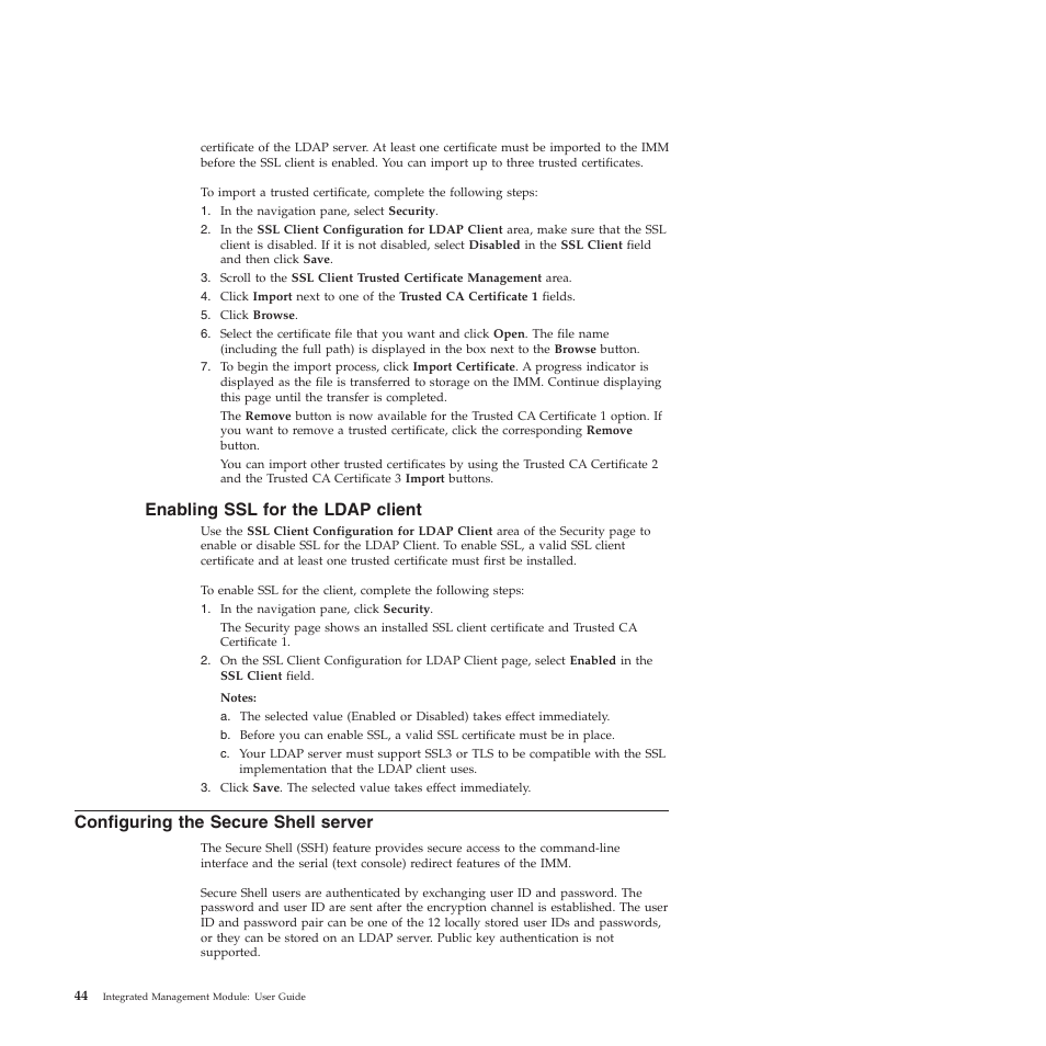 Enabling ssl for the ldap client, Configuring the secure shell server | Lenovo ThinkServer TD200 User Manual | Page 50 / 120