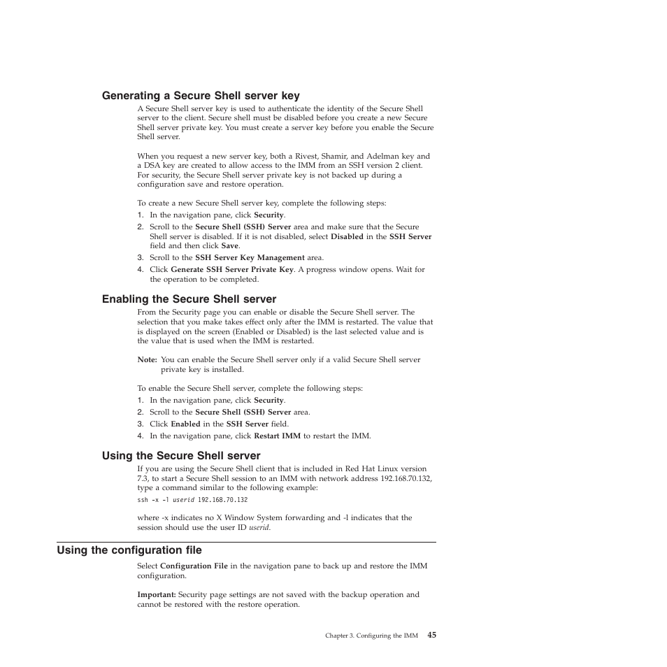 Generating a secure shell server key, Enabling the secure shell server, Using the secure shell server | Using the configuration file | Lenovo ThinkServer TD200 User Manual | Page 51 / 120