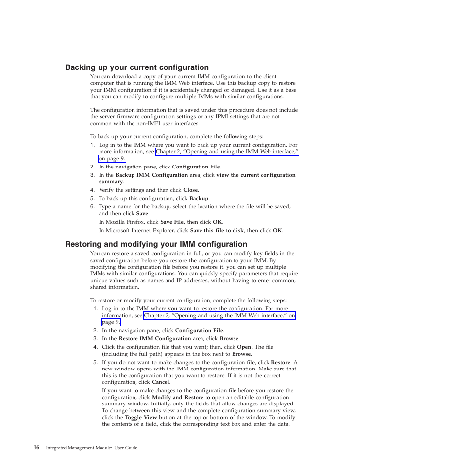 Backing up your current configuration, Restoring and modifying your imm configuration | Lenovo ThinkServer TD200 User Manual | Page 52 / 120