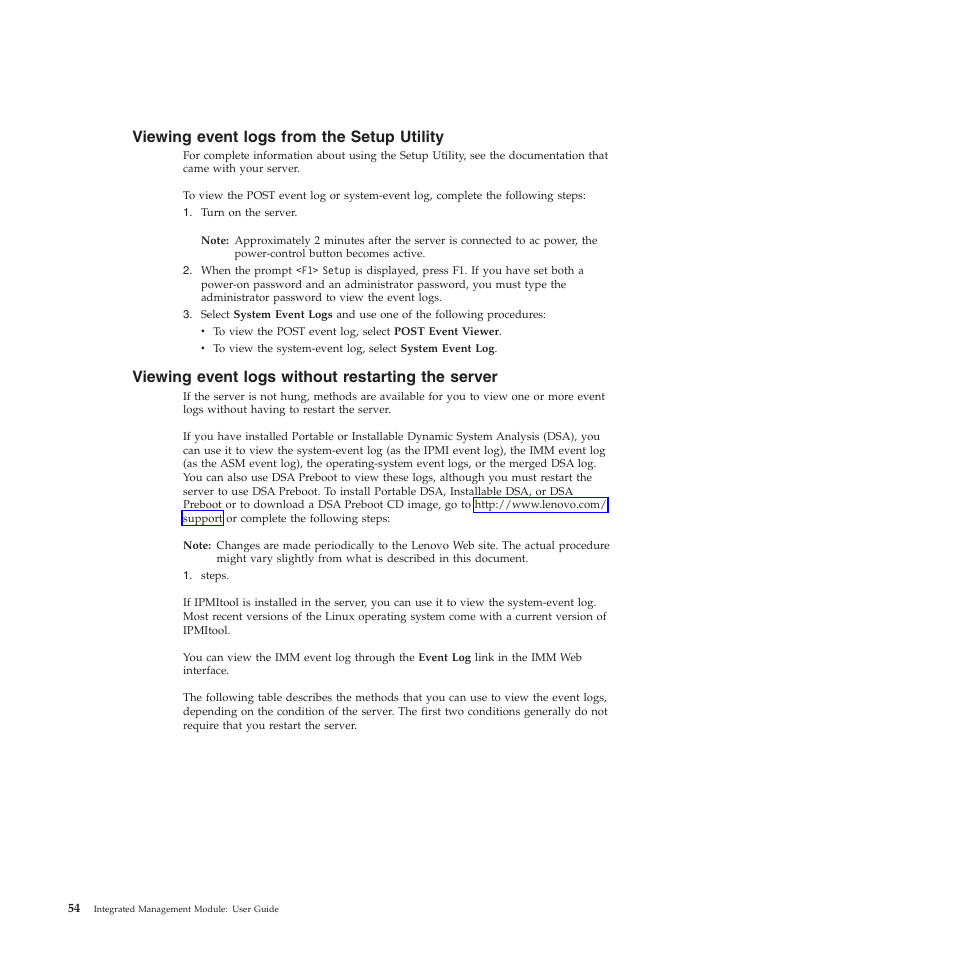 Viewing event logs from the setup utility, Viewing event logs without restarting the server | Lenovo ThinkServer TD200 User Manual | Page 60 / 120