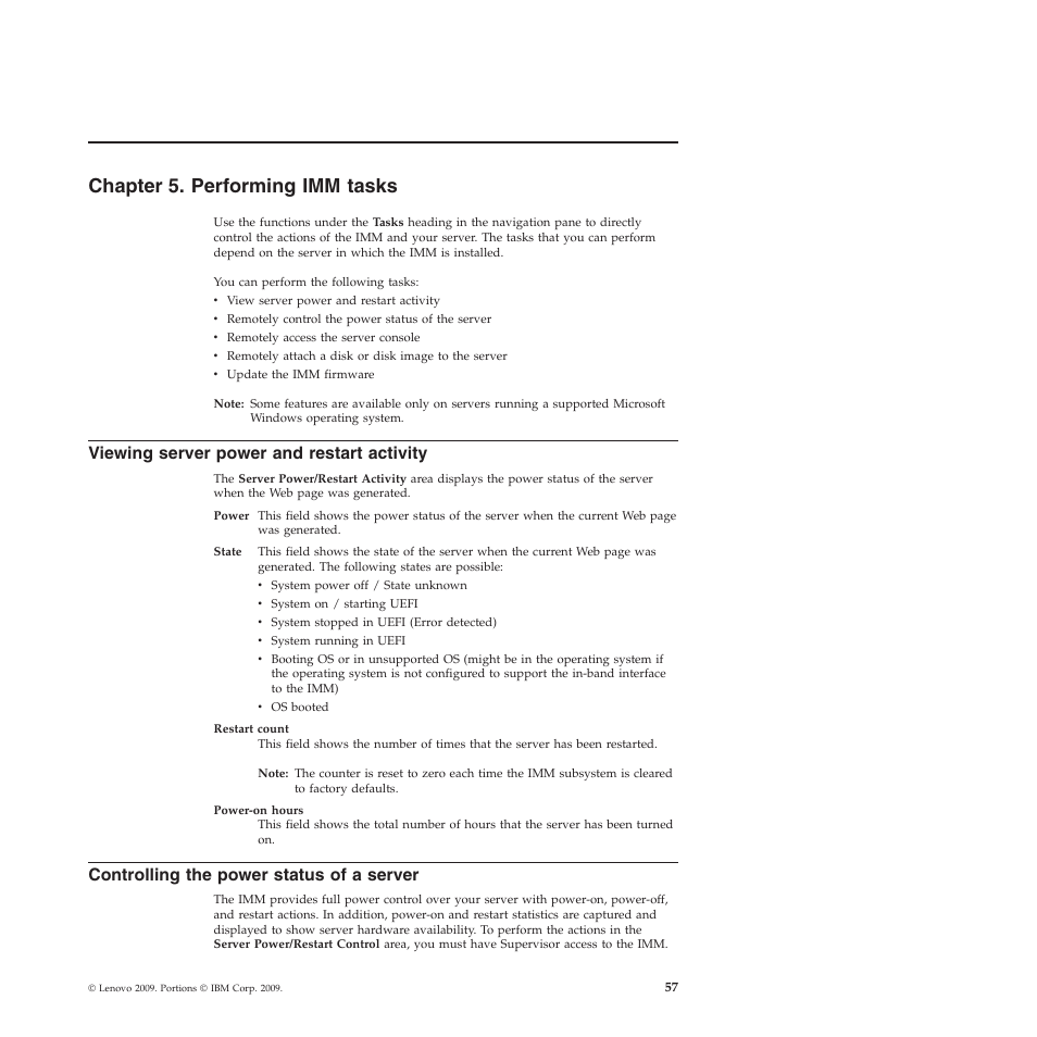 Chapter 5. performing imm tasks, Viewing server power and restart activity, Controlling the power status of a server | Lenovo ThinkServer TD200 User Manual | Page 63 / 120