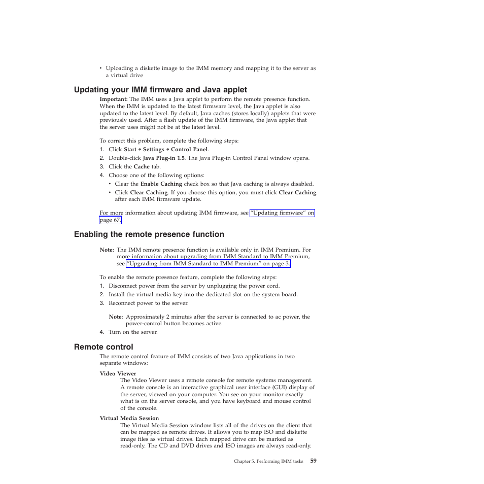Updating your imm firmware and java applet, Enabling the remote presence function, Remote control | Lenovo ThinkServer TD200 User Manual | Page 65 / 120